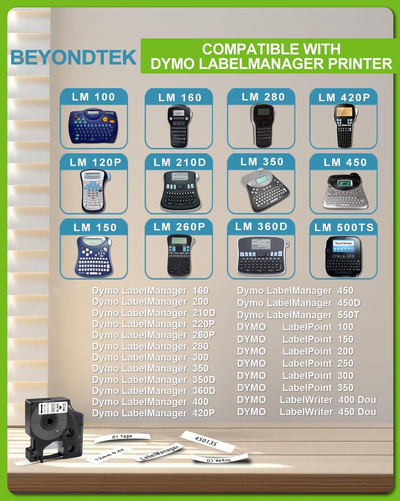 BEYONDTEK Work for Dymo D1 Label Maker Cartridges 45013 1/2" with D1 Label Maker Refills 45013s 12mm x 3m Black on White for Dymo LabelManager 160 280 210D 360D 420P PnP 220P 260P 450D,5Pk - Image 4